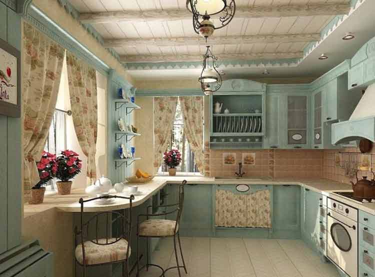 потолок в помещении кухни прованс обычно окрашивают в белый цвет